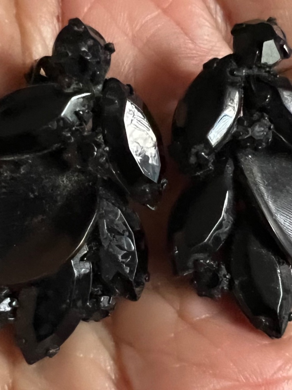 Vintage Signed Weiss Jet Black Rhinestone Cluster Clip-On Earrings